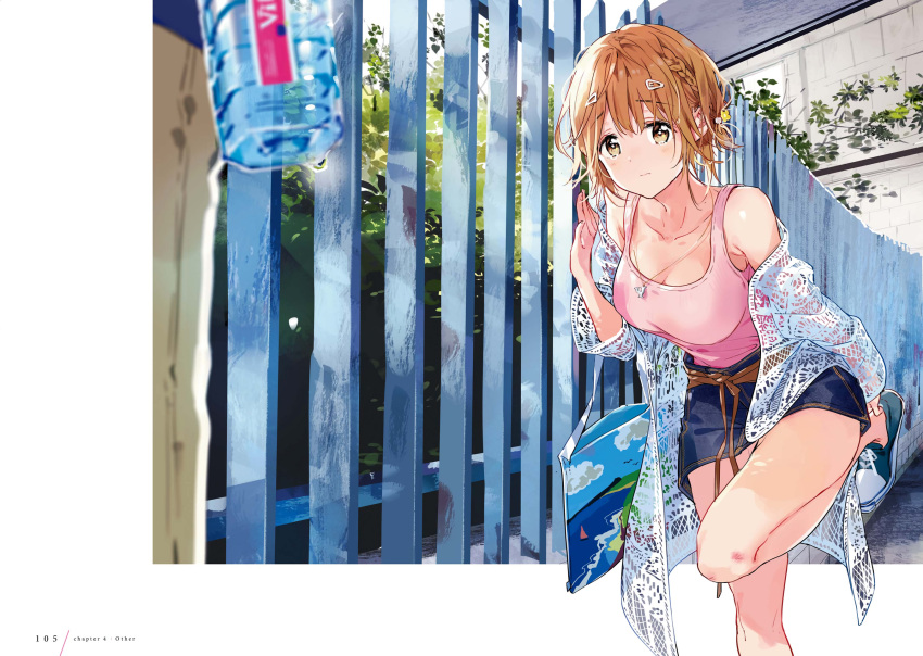 1girl bag blurry blurry_foreground bottle braid breasts bright_pupils brown_eyes brown_hair cleavage closed_mouth denim denim_skirt depth_of_field eyebrows_visible_through_hair french_braid highres jewelry koiwai_yoshino large_breasts leaning_forward leg_up looking_at_viewer masamune-kun_no_revenge miniskirt necklace off_shoulder outdoors shoes short_hair shoulder_bag side_braid skirt sneakers solo standing standing_on_one_leg tank_top tearing_up tiv water_bottle white_pupils