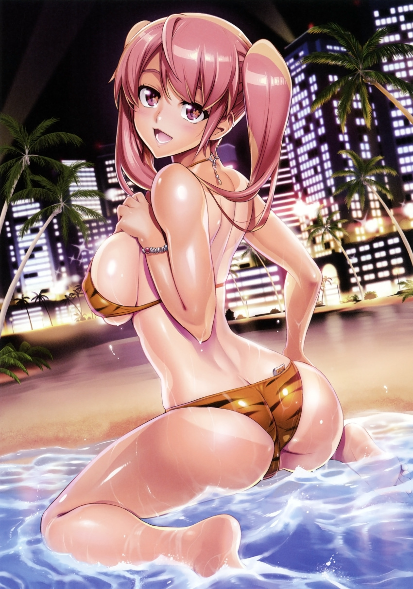 1girl absurdres animal_print ass beach bikini blush breasts building butt_crack city dutch_angle from_behind halterneck highres huge_filesize kneeling large_breasts long_hair looking_at_viewer looking_back night one-piece_tan open_mouth original outdoors palm_tree pink_eyes pink_hair satou_shouji scan shiny shiny_hair shiny_skin skindentation skyscraper smile solo swimsuit tan tanline tiger_print toranoana tree twintails under_boob water wet