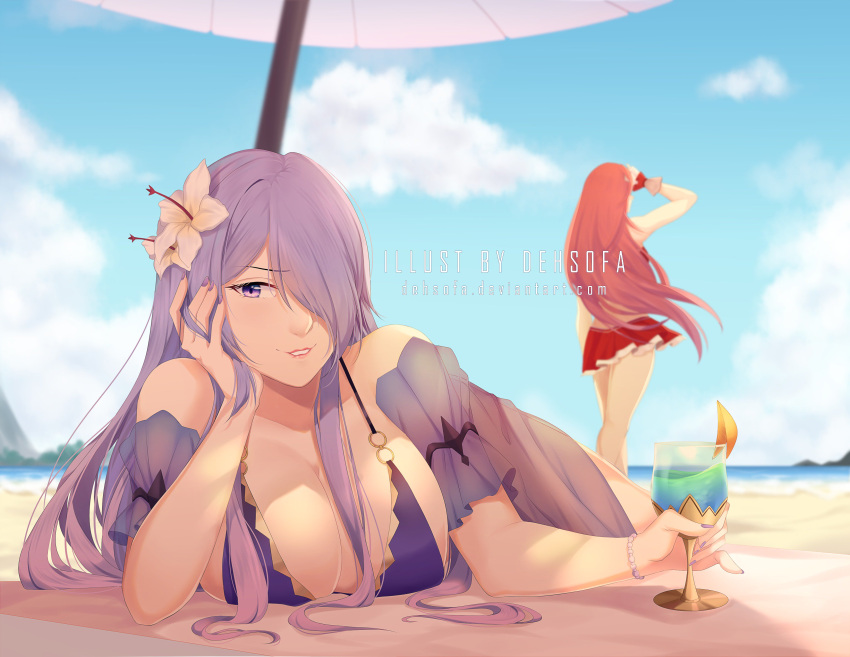 2girls absurdres artist_name beach beach_umbrella bikini bikini_skirt blue_sky breasts camilla_(fire_emblem_if) clouds cup day deh_sofa drinking_glass fire_emblem fire_emblem:_kakusei fire_emblem_heroes fire_emblem_if flower from_behind hair_flower hair_ornament hair_over_one_eye highres large_breasts long_hair lying multiple_girls nail_polish o-ring o-ring_bikini on_stomach parted_lips purple_hair redhead see-through sky standing swimsuit cordelia_(fire_emblem) umbrella violet_eyes water