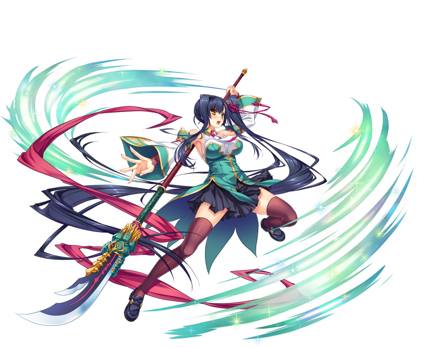 1girl bangs bare_shoulders black_legwear blue_hair blush breasts detached_sleeves fingernails full_body highres holding holding_weapon kan'u katagiri_hinata koihime_musou large_breasts loafers long_hair looking_at_viewer naginata necktie official_art open_mouth polearm ponytail sennen_sensou_aigis shiny shiny_clothes shiny_hair shiny_skin shoes side_ponytail skirt sleeveless solo thigh-highs transparent_background very_long_hair weapon wide_sleeves yellow_eyes zettai_ryouiki