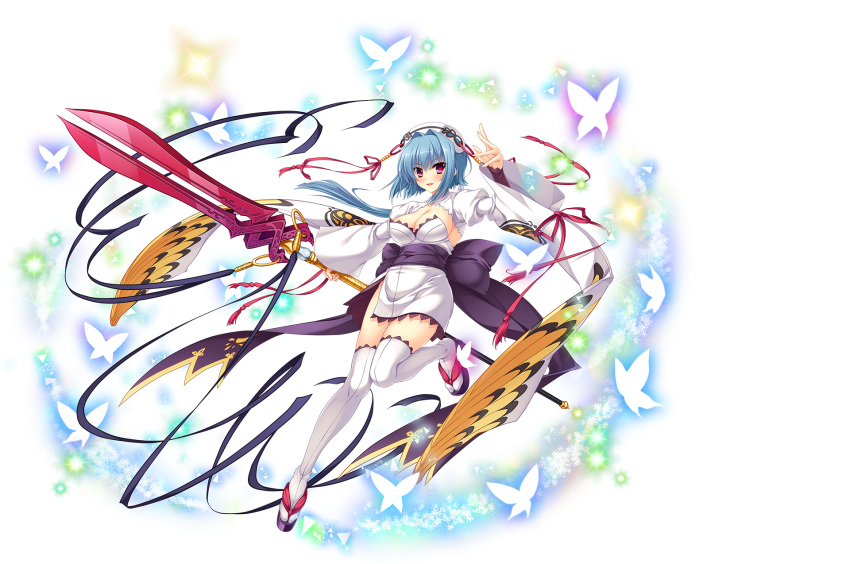 1girl bangs blue_hair breasts bug butterfly chouun cleavage eyebrows_visible_through_hair hair_between_eyes hat highres holding holding_weapon insect japanese_clothes katagiri_hinata koihime_musou large_breasts looking_at_viewer medium_breasts obi official_art polearm ribbon sash sennen_sensou_aigis short_hair smile solo spear thigh-highs transparent_background violet_eyes weapon white_legwear wide_sleeves zettai_ryouiki