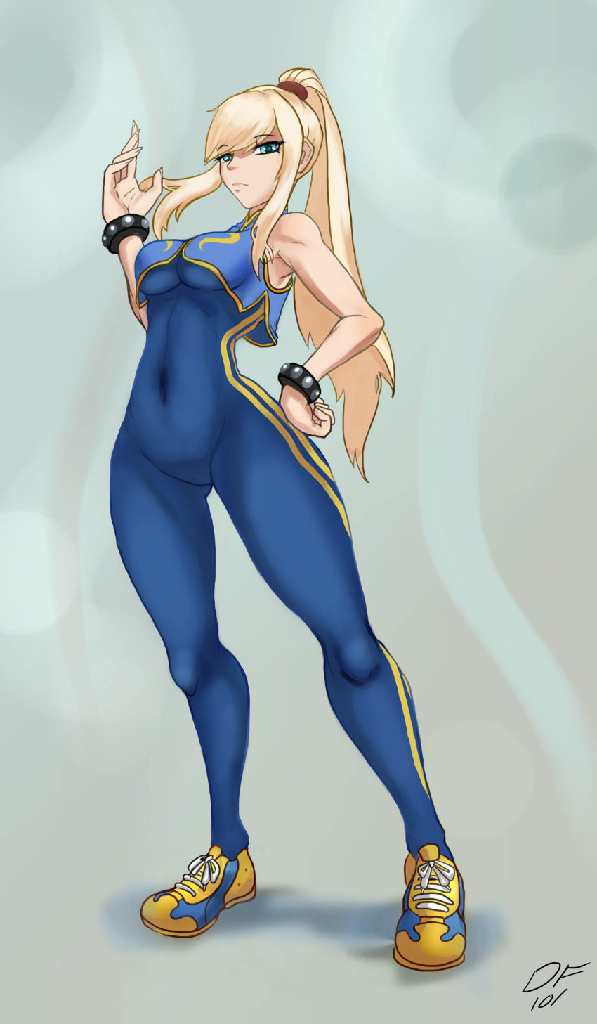 1girl absurdres bare_arms blonde_hair blue_eyes bodysuit bracelet breasts capcom chun-li chun-li_(cosplay) cosplay drawfag101 eyebrows_visible_through_hair highres jewelry long_hair metroid ponytail samus_aran shoes sleeveless sneakers solo street_fighter street_fighter_zero_(series) studded_bracelet unitard vest