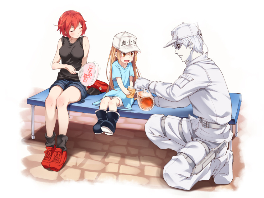 1boy 2girls :d ^_^ asutora bare_arms bare_shoulders baseball_cap belt black_eyes black_footwear black_legwear black_shirt blonde_hair blue_shirt blush boots breasts brown_eyes closed_eyes clothes_writing commentary_request cup denim denim_shorts facing_another fan flat_cap full_body hat hat_removed hataraku_saibou headwear_removed holding holding_cup holding_fan holster jacket knife large_breasts long_hair long_sleeves looking_at_another multiple_girls open_mouth pants paper_fan platelet_(hataraku_saibou) red_blood_cell_(hatataku_saibou) red_footwear red_hat redhead rubber_boots seiza sheath sheathed shirt shoes short_hair short_shorts short_sleeves shorts sitting sleeveless sleeveless_shirt smile socks thigh_holster thighs translated uchiwa very_long_hair weapon white_background white_blood_cell_(hataraku_saibou) white_footwear white_hat white_jacket white_pants white_shorts