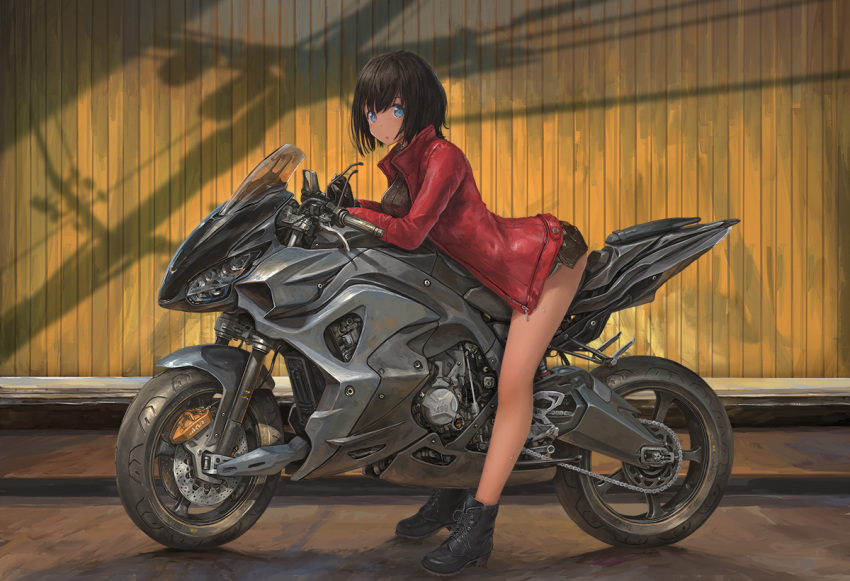 1girl :o bangs bent_over black_footwear black_hair blue_eyes boots breasts eyewear_removed from_side full_body ground_vehicle holding holding_eyewear jacket leather leather_jacket long_sleeves looking_at_viewer medium_breasts motor_vehicle motorcycle nihoshi_(bipedal_s) original red_jacket shadow short_hair short_shorts shorts solo vehicle_request