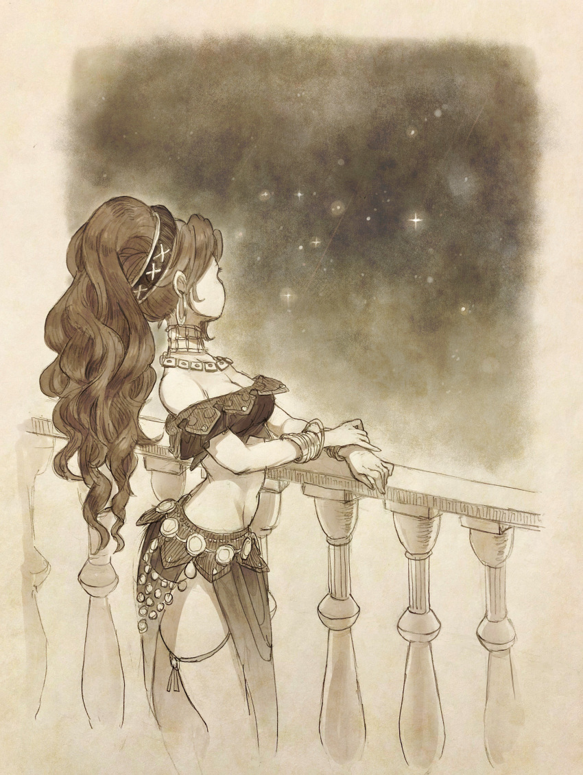 1girl absurdres balcony bracelet brown_hair dancer highres jewelry long_hair monochrome mozuku_(mozuuru0323) necklace octopath_traveler primrose_azelhart simple_background solo