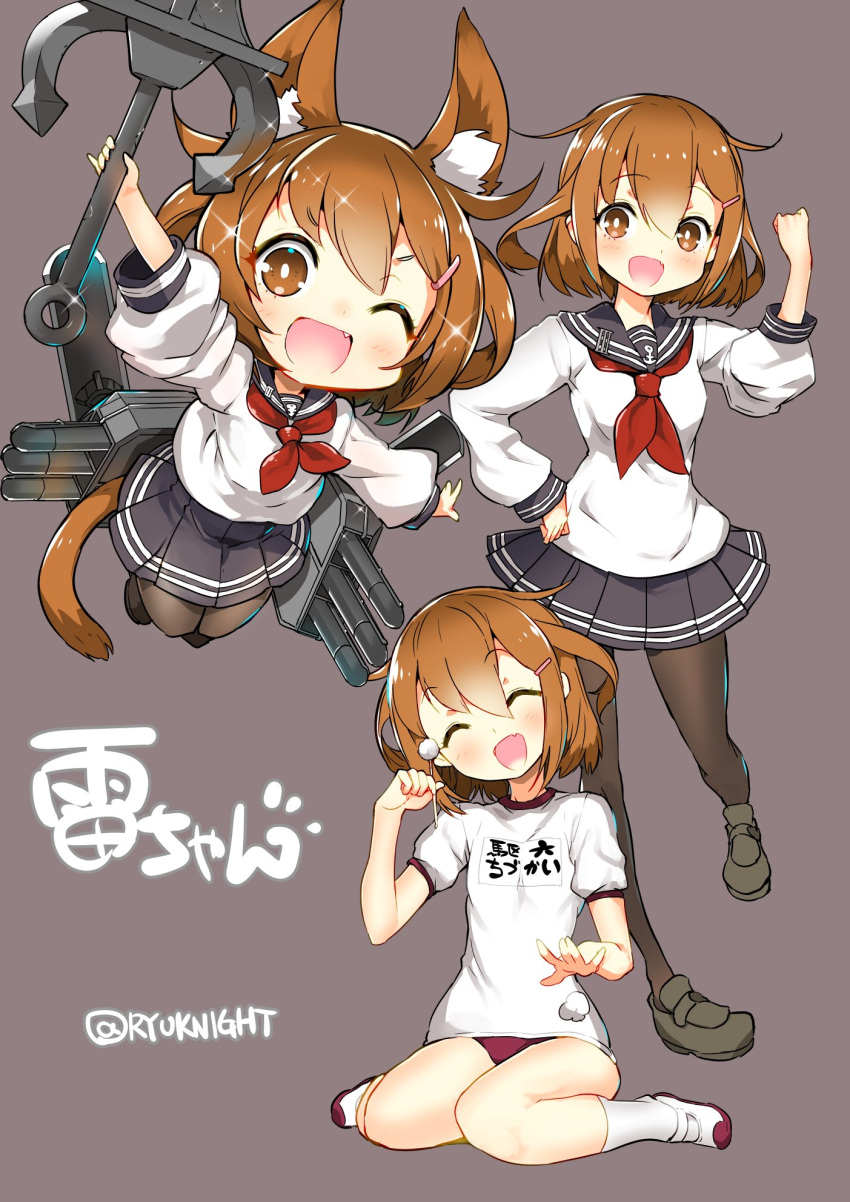 3girls anchor anchor_symbol animal_ears black_footwear black_legwear black_sailor_collar black_skirt brown_hair buruma cat_ears cat_tail commentary_request fang folded_ponytail full_body grey_background gym_shirt gym_uniform hair_ornament hairclip highres ikazuchi_(kantai_collection) kantai_collection kneehighs loafers looking_at_viewer machinery multiple_girls multiple_persona naitou_ryuu neckerchief open_mouth pantyhose pleated_skirt red_buruma red_neckwear sailor_collar school_uniform serafuku shirt shoes short_hair simple_background sitting skirt smile t-shirt tail torpedo twitter_username uwabaki wariza white_legwear white_shirt