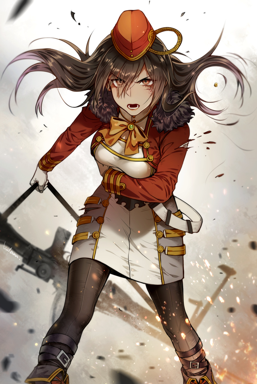 1girl absurdres angry arm_under_breasts battle bipod black_hair boots bow breasts bren_(girls_frontline) bren_lmg brown_eyes buckle bullet cang_fade carrying dress fur_trim girls_frontline gloves gun hat highres large_breasts light_machine_gun long_hair military military_uniform open_mouth orange_bow sidelocks sling solo strap thigh-highs torn_clothes traditional_media uniform watercolor_(medium) weapon white_gloves