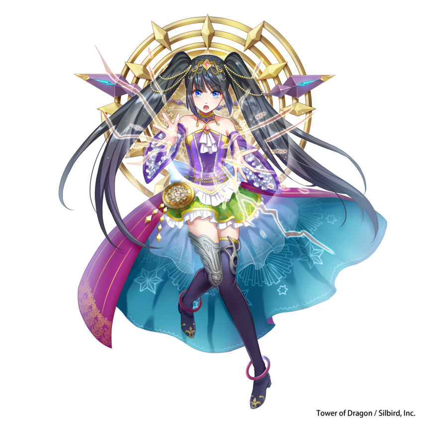 1girl :o anklet bare_shoulders black_hair black_legwear blue_eyes clock copyright_name detached_sleeves dress full_body green_skirt hair_ornament highres jewelry long_hair official_art purple_dress simple_background skirt solo standing standing_on_one_leg thigh-highs tower_of_dragon twintails yamabuki_kanon