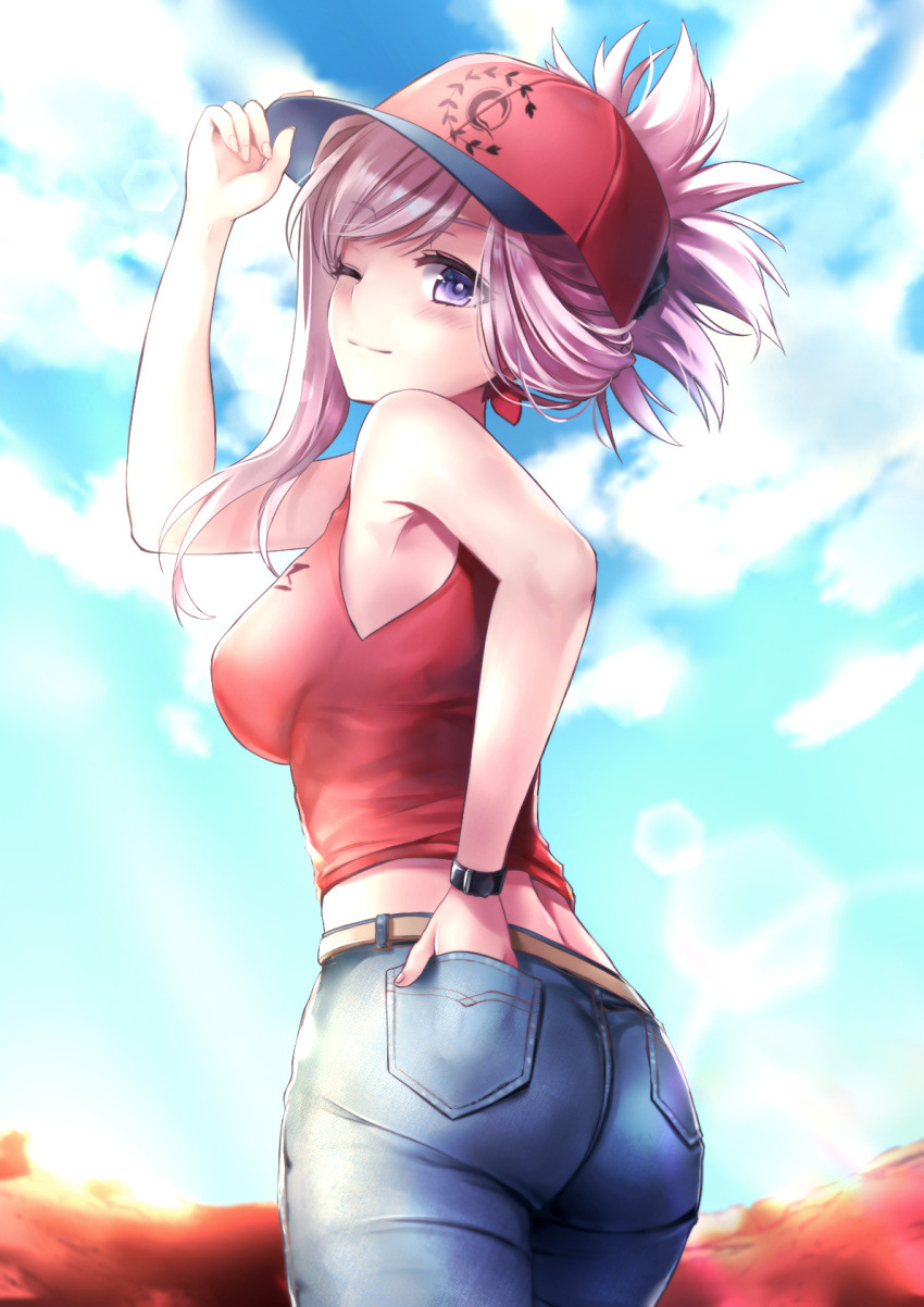 1girl adjusting_clothes adjusting_hat adjusting_headwear alternate_costume asymmetrical_hair autumn_leaves bare_shoulders blue_sky blurry breasts clouds commentary_request contemporary cowboy_shot day denim depth_of_field fate/grand_order fate_(series) from_behind from_below hand_in_pocket hane_yuki hat head_tilt highres large_breasts long_hair looking_at_viewer midriff miyamoto_musashi_(fate/grand_order) one_eye_closed pants pink_hair ponytail shirt sky sleeveless sleeveless_shirt solo standing tank_top violet_eyes