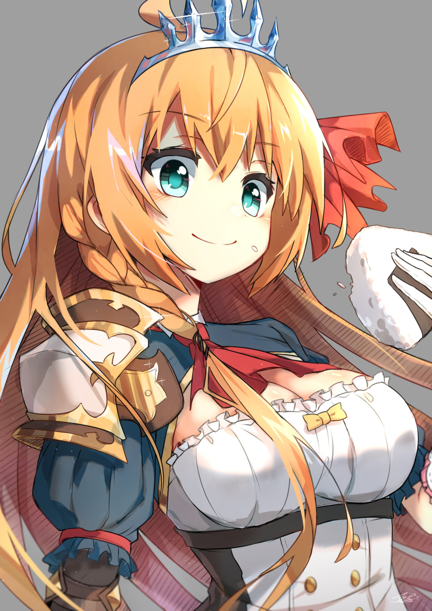 1girl absurdres ahoge blonde_hair blue_eyes blush breasts cleavage dress eyebrows_visible_through_hair food gloves highres long_hair medium_breasts pecorine princess_connect! princess_connect!_re:dive ribbon short_sleeves solo tiara zutaboro