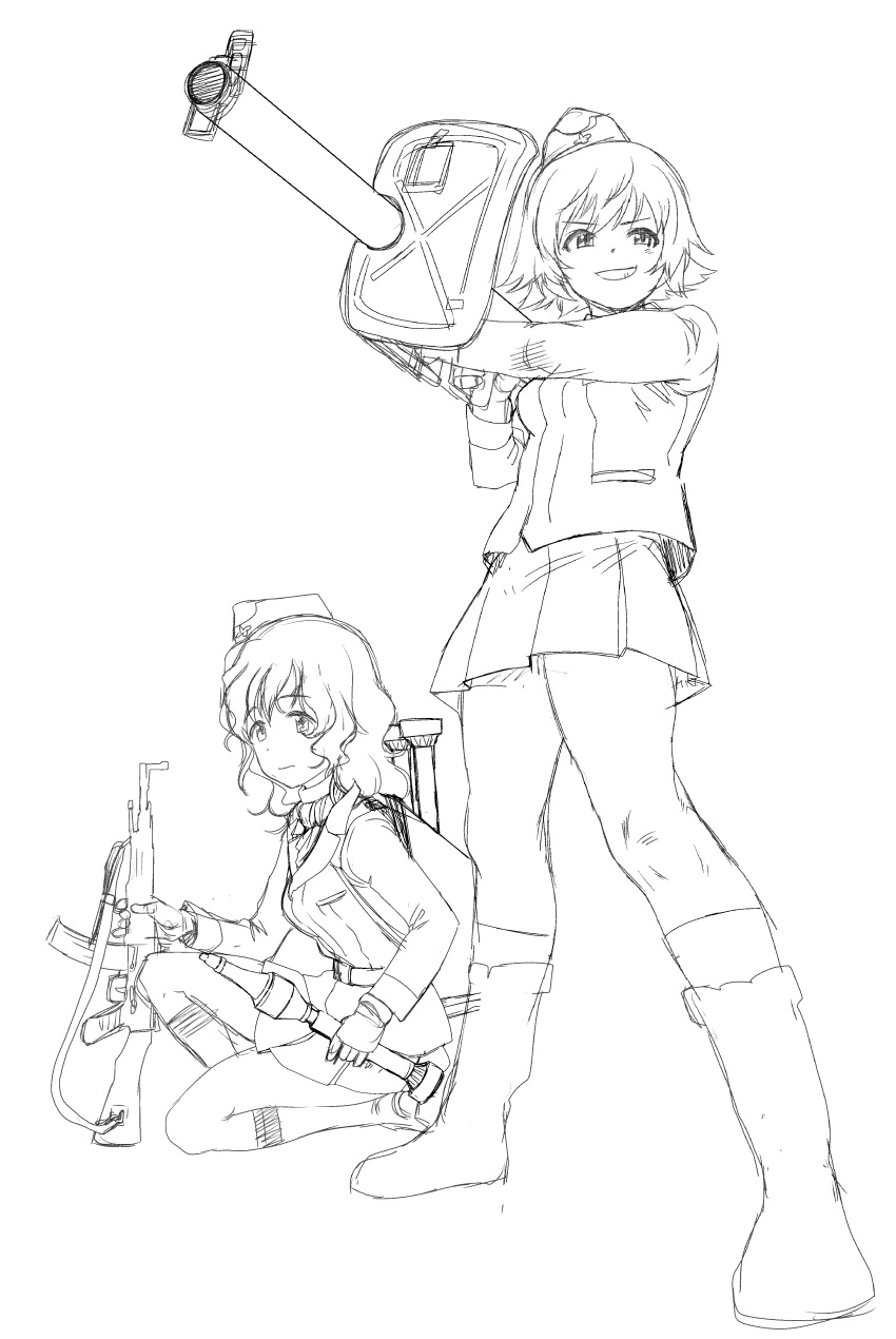 &gt;:d 2girls absurdres assault_rifle character_request extra garrison_cap geshiko_(girls_und_panzer) girls_und_panzer gun hat highres kuromorimine_military_uniform military multiple_girls one_knee panzerschreck rifle rocket rocket_launcher short_hair sketch smile stg44 thighs weapon white_background yoyokkun