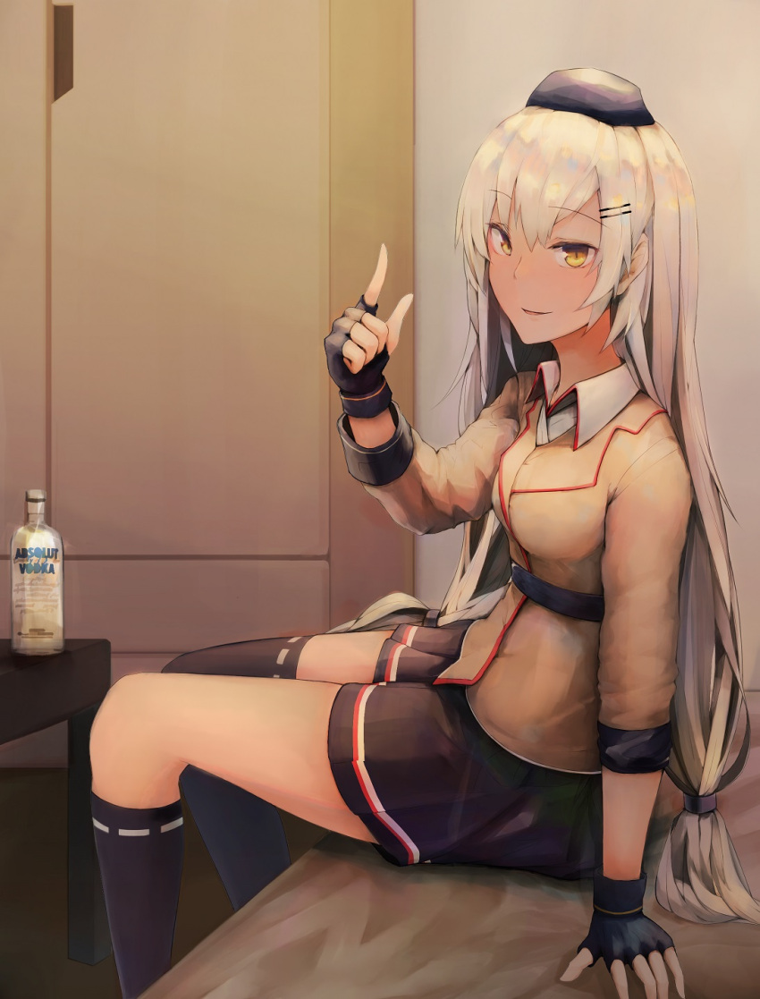 1girl alcohol arm_support asymmetrical_legwear black_gloves black_legwear black_skirt blazer blush bottle breasts collared_shirt eyebrows_visible_through_hair fingerless_gloves full_body girls_frontline gloves hair_ornament hairclip hat highres index_finger_raised indoors jacket kneehighs long_hair looking_at_viewer low-tied_long_hair open_mouth pleated_skirt r_dancer shirt silver_hair single_kneehigh single_thighhigh sitting skirt smile solo svd_(girls_frontline) thigh-highs thighs twintails very_long_hair vodka white_shirt
