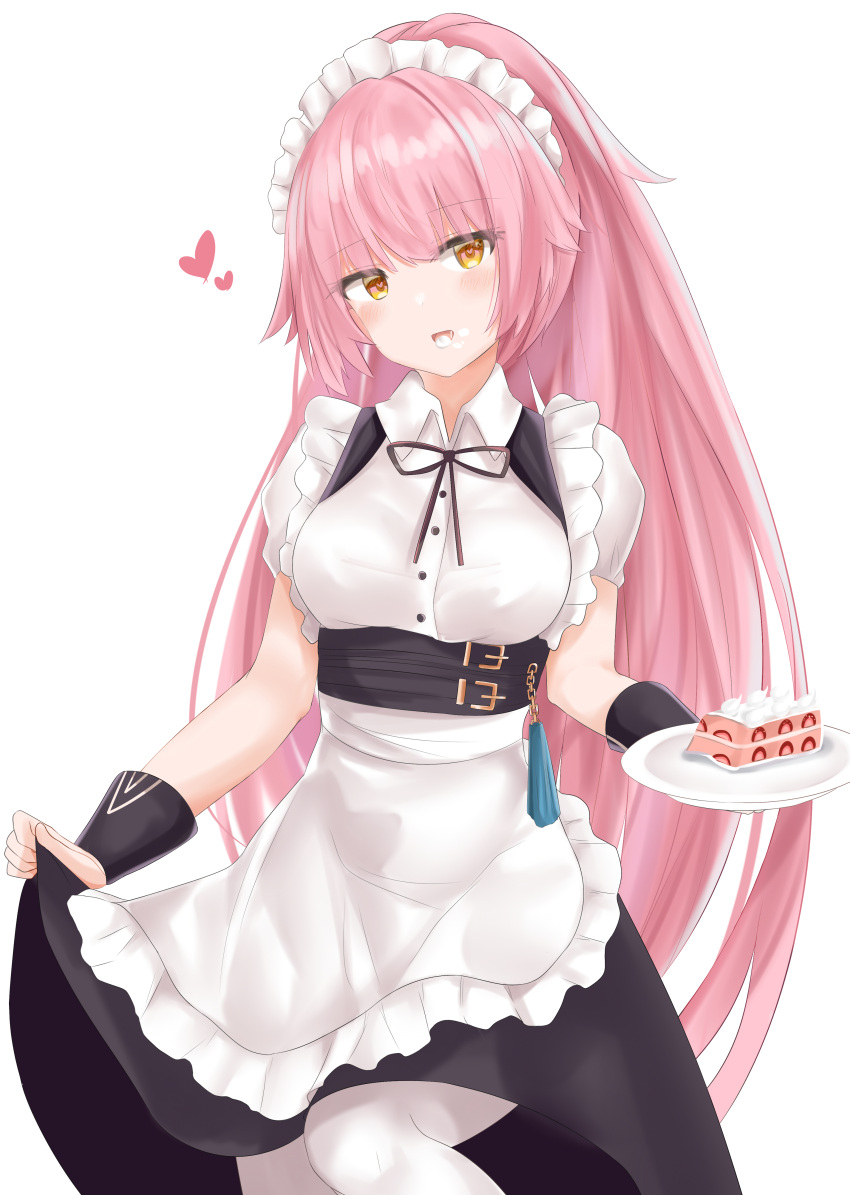 1girl absurdres alternate_costume apron bangs black_ribbon blush breasts buckle buttons cake cream cream_on_face eyebrows_visible_through_hair flying_heart food food_on_face girls_frontline head_tilt heart heart-shaped_pupils highres holding holding_plate large_breasts leg_up lifted_by_self long_hair looking_at_viewer maid maid_headdress neck_ribbon ntw-20_(girls_frontline) open_mouth pantyhose pink_eyes pink_hair plate ponytail puffy_short_sleeves puffy_sleeves ribbon ru_zhai short_sleeves sidelocks simple_background skirt skirt_lift solo symbol-shaped_pupils tassel very_long_hair white_background white_legwear