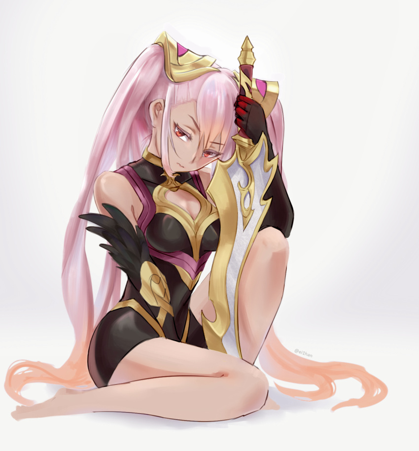 1girl armor black_armor black_gloves closed_mouth dark_skin ei1han elbow_gloves feather_trim fire_emblem fire_emblem_heroes gloves gradient_hair hair_ornament highres holding holding_sword holding_weapon laevateinn_(fire_emblem_heroes) long_hair multicolored_hair pink_hair red_eyes simple_background sitting solo sword twintails twitter_username weapon