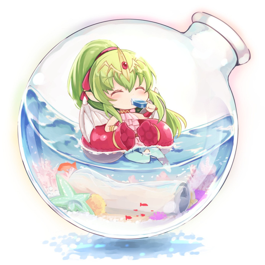 1girl bottle chiki closed_eyes dragon_wings fire_emblem fire_emblem:_mystery_of_the_emblem fire_emblem_heroes fish food glass_bottle green_hair hair_ribbon highres holding in_bottle in_container long_hair mamkute nakabayashi_zun pink_swimsuit pointy_ears ponytail popsicle red_ribbon ribbon solo swimsuit tiara water wings
