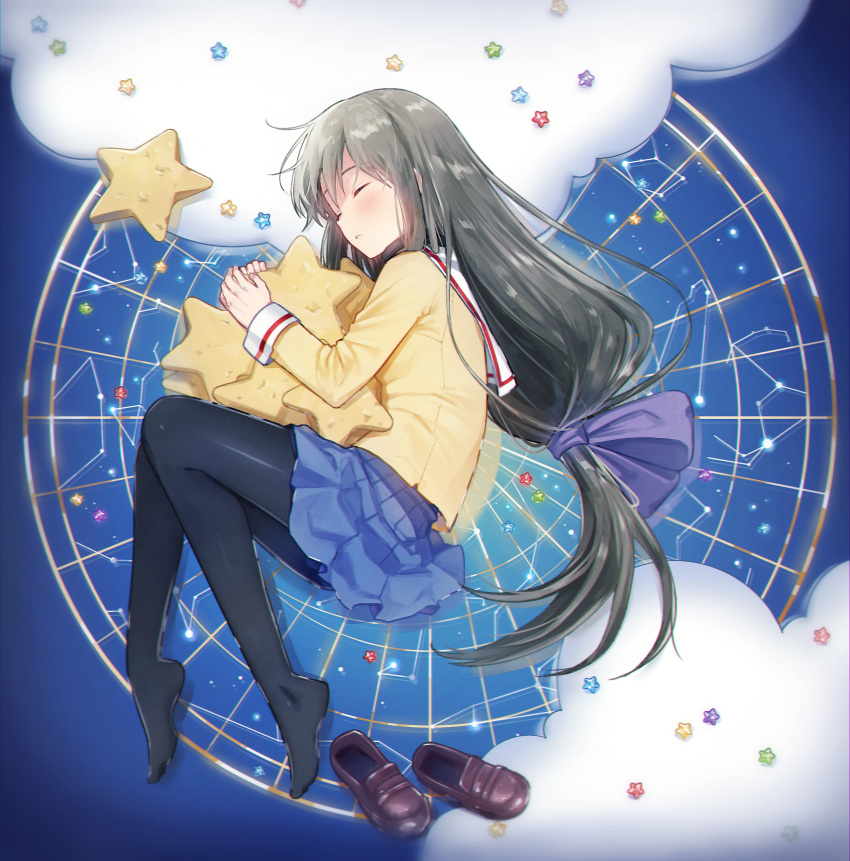 1girl absurdres black_hair black_legwear blue_skirt blush brown_footwear clannad closed_eyes clouds commentary_request constellation from_above full_body hair_ribbon highres ibuki_fuuko loafers long_hair long_sleeves low-tied_long_hair lying miniskirt on_side pantyhose parted_lips ribbon sailor_collar school_uniform serafuku shoes shoes_removed skirt sleeping solo star star_pillow very_long_hair waya_(bombe) white_sailor_collar