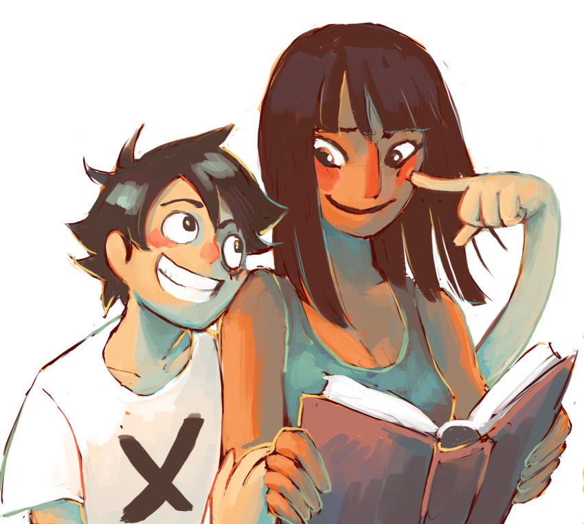 1boy 1girl aiioli_(spongeping) bangs bare_arms bare_shoulders black_eyes black_hair blunt_bangs book brown_eyes camisole cheek_poking closed_mouth collarbone dark_skin friends grin hand_on_another's_arm hand_up head_on_shoulder height_difference highres holding holding_book leaning_on_person looking_at_another medium_hair messy_hair monkey_d_luffy nico_robin no_hat no_headwear one_piece open_book poking scar shirt short_hair short_sleeves shoulder-to-shoulder simple_background smile stitches upper_body white_background white_shirt