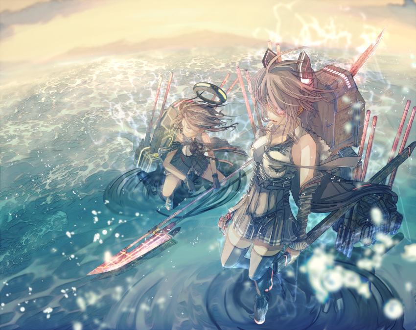 2girls asobinikitahito black_gloves black_jacket black_skirt cannon commentary_request day eyepatch full_body fur-trimmed_jacket fur_trim gloves headgear highres holding holding_spear holding_sword holding_weapon jacket kantai_collection long_sleeves looking_to_the_side mechanical_halo multiple_girls necktie ocean off_shoulder open_mouth polearm purple_hair red_ribbon remodel_(kantai_collection) ribbon rigging shirt skirt sleeveless sleeveless_shirt spear squatting standing standing_on_liquid sword tatsuta_(kantai_collection) tenryuu_(kantai_collection) violet_eyes weapon white_shirt yellow_eyes