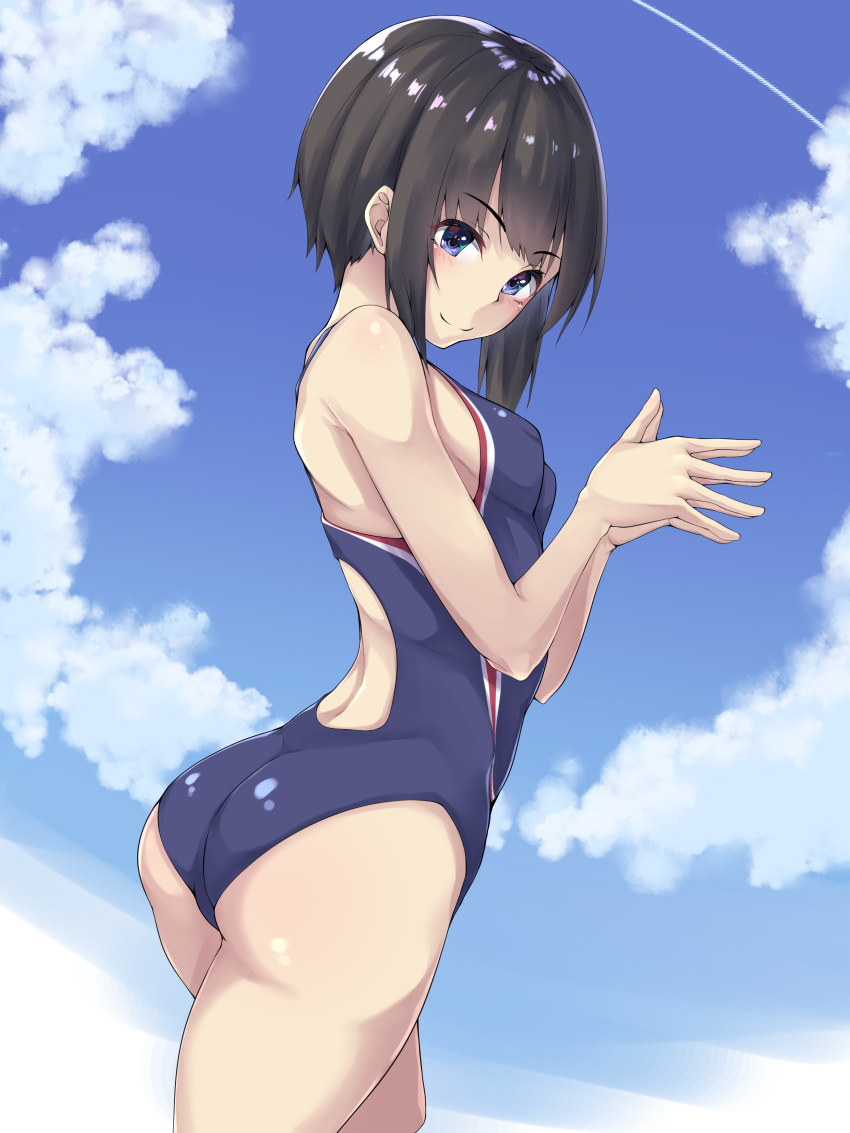1girl absurdres ass black_hair black_mutou blue_eyes blue_sky blue_swimsuit clouds competition_swimsuit condensation_trail day hands_together highres looking_at_viewer one-piece_swimsuit original outdoors short_hair sky solo swimsuit
