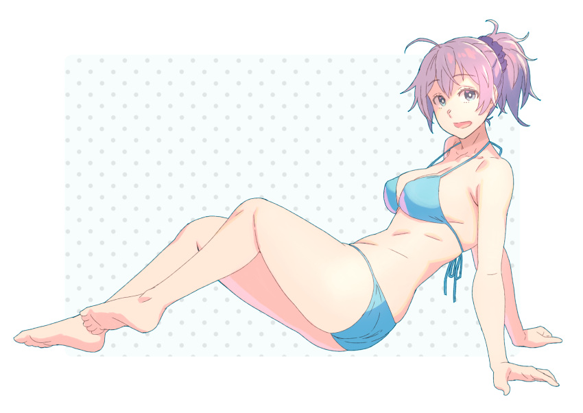 1girl alternate_costume aoba_(kantai_collection) arm_support barefoot bikini blue_bikini blue_eyes blue_scrunchie highres kantai_collection looking_at_viewer open_mouth polka_dot polka_dot_background ponytail purple_hair scrunchie sitting smile solo swimsuit white_background yokozuwari yuuji_(and)