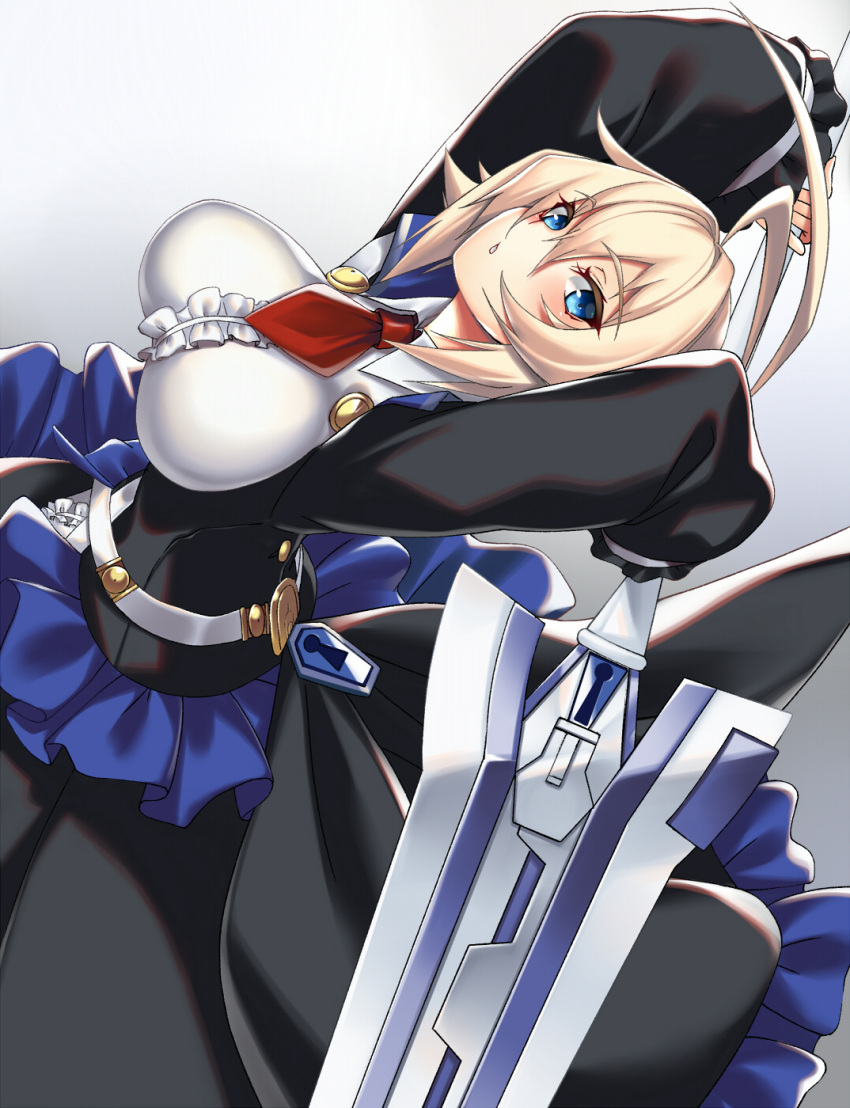 1girl :o ahoge bangs blazblue breasts center_frills es_(xblaze) eyebrows_visible_through_hair gradient gradient_background hair_between_eyes highres holding holding_sword holding_weapon huge_ahoge large_breasts long_sleeves looking_at_viewer necktie red_neckwear short_hair short_necktie solo sword takanashi-a weapon xblaze
