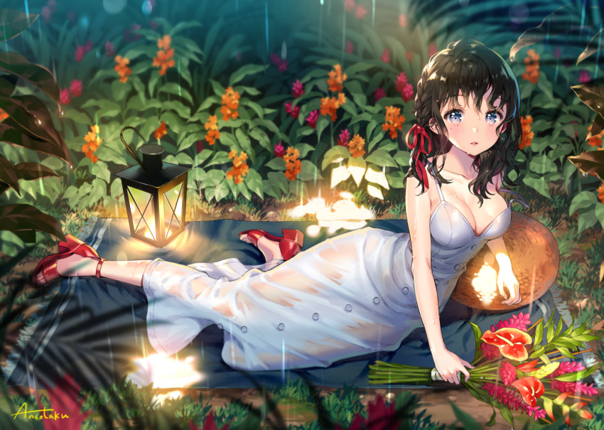1girl ancotaku ankle_strap arm_support artist_name bangs black_hair blanket blue_eyes bouquet braid breasts cleavage collarbone commentary_request dress eyebrows_visible_through_hair flower hair_ribbon hat hat_removed headwear_removed high_heels holding holding_bouquet lantern long_dress looking_at_viewer medium_breasts medium_hair orange_flower original outdoors parted_lips pink_flower rain reclining red_footwear red_ribbon ribbon see-through solo wet wet_clothes white_dress