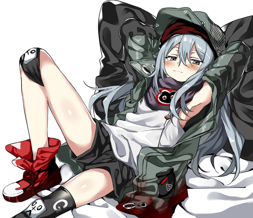 1girl armpits arms_behind_head black_shorts blue_hair blush g11_(girls_frontline) girls_frontline green_headwear green_jacket grey_eyes hat jacket knee_pads leg_up long_hair lying manarou on_back red_footwear scarf_on_head shirt shorts smile smug solo white_shirt