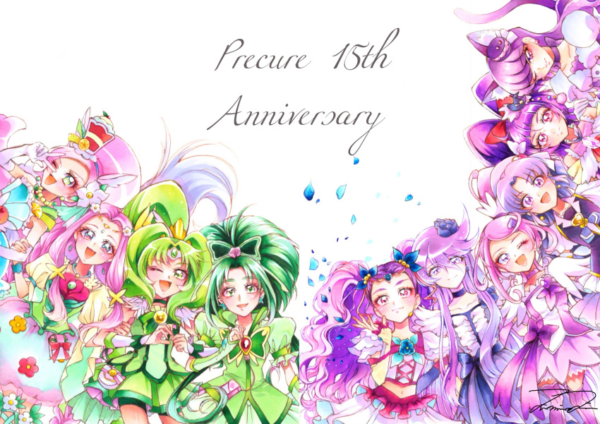 6+girls ;d akimoto_komachi animal_ears anniversary bangs black_hat bow brooch butterfly_hair_ornament cat_ears cat_tail choker circlet color_connection cowboy_shot cure_felice cure_fortune cure_macaron cure_magical cure_march cure_mint cure_moonlight cure_parfait cure_sword dokidoki!_precure elbow_gloves extra_ears flower food_themed_hair_ornament frills gloves green_eyes green_hair green_neckwear green_skirt hair_bow hair_color_connection hair_flower hair_ornament hairband hanami_kotoha happinesscharge_precure! hat heartcatch_precure! highres hikawa_iona izayoi_liko jewelry kenzaki_makoto kirahoshi_ciel kirakira_precure_a_la_mode kotozume_yukari long_hair looking_at_viewer macaron_hair_ornament mahou_girls_precure! midorikawa_nao mikan_(mikataaaa) milky_rose mimino_kurumi mini_hat mini_witch_hat multiple_girls navel one_eye_closed open_mouth pink_hair ponytail precure precure_all_stars purple_bow purple_hair purple_legwear purple_neckwear red_bow short_hair simple_background skirt smile smile_precure! spade_hair_ornament swept_bangs tail thigh-highs tsukikage_yuri two_side_up v violet_eyes white_background white_gloves witch_hat wrist_cuffs yes!_precure_5 yes!_precure_5_gogo! zettai_ryouiki