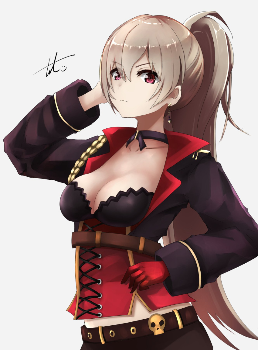 anchor_symbol azur_lane bangs belt black_shorts breasts choker cleavage closed_mouth collarbone cowboy_shot earrings eyebrows_visible_through_hair gloves grey_background hair_between_eyes half_gloves hand_to_own_head highres jacket jean_bart_(azur_lane) jewelry long_sleeves looking_at_viewer medium_breasts ponytail puffy_long_sleeves puffy_sleeves short_shorts shorts sidelocks signature simple_background single_glove skull tosaka_(tosaka0001)