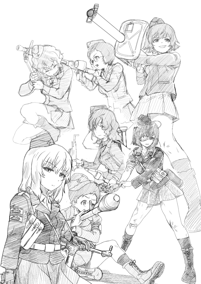 &gt;:d 6+girls absurdres akaboshi_koume bandage bandaged_arm bandages bipod boots character_request closed_eyes cross-laced_footwear explosive eyebrows_visible_through_hair eyepatch garrison_cap girls_und_panzer glasses gloves grenade gun hat highres huge_filesize itsumi_erika kuromorimine_military_uniform lace-up_boots long_hair machine_gun mg42 mp40 multiple_girls one_eye_closed panzerfaust short_hair sketch skirt submachine_gun weapon weapon_request white_background yoyokkun