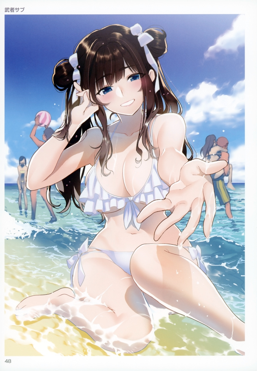 2boys 3girls absurdres artist_name ball bangs beachball bikini blue_eyes blue_sky bow breasts brown_hair carrying cleavage clouds cloudy_sky collarbone day double_bun eyebrows_visible_through_hair faceless faceless_female faceless_male front-tie_bikini front-tie_top hair_bow highres holding large_breasts lips long_hair looking_at_viewer multiple_boys multiple_girls musha_sabu navel outdoors outstretched_hand parted_lips piggyback shiny shiny_hair shore side-tie_bikini sky smile swimsuit toranoana twintails water water_drop wet white_bikini