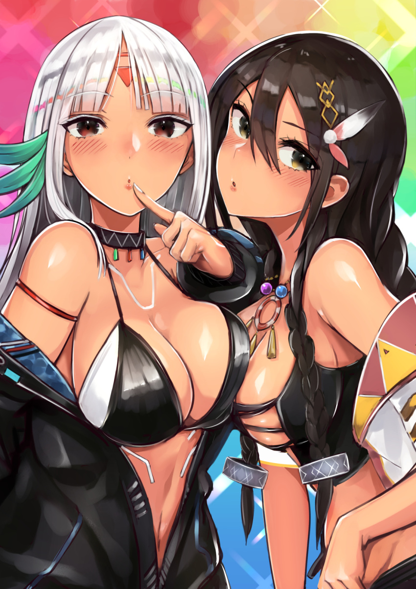 arm_at_side azur_lane bare_shoulders belt bikini_top black_hair black_jacket blush breast_press breasts brown_eyes cleavage commentary_request crop_top dark_skin eyebrows_visible_through_hair eyes_visible_through_hair feathers hair_between_eyes hair_feathers hair_ornament head_tilt highres jacket jewelry large_breasts lips long_hair long_sleeves looking_at_viewer mappaninatta massachusetts_(azur_lane) multicolored_hair native_american navel necklace open_clothes silver_hair solo south_dakota_(azur_lane) swimsuit swimsuit_under_clothes symmetrical_docking unzipped upper_body zipper