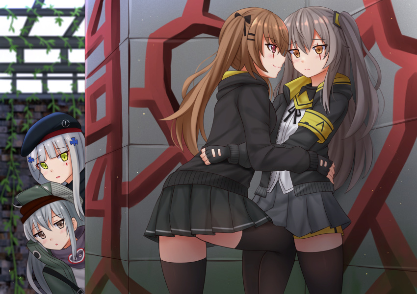 404_(girls_frontline) 4girls :o armband bangs beret black_gloves black_hat black_jacket black_legwear black_skirt blunt_bangs blurry blurry_background blush brown_eyes brown_hair closed_mouth commentary depth_of_field eyebrows_visible_through_hair facial_mark fingerless_gloves g11_(girls_frontline) girls_frontline gloves green_eyes green_hat green_jacket grey_skirt hair_between_eyes hair_ornament hand_on_another's_waist hat highres hk416_(girls_frontline) jacket kazenokaze leg_between_thighs long_hair long_sleeves multiple_girls one_side_up open_clothes open_jacket parted_lips pleated_skirt puffy_long_sleeves puffy_sleeves red_eyes scar scar_across_eye shirt siblings silver_hair sisters skirt smile thigh-highs twins twintails ump45_(girls_frontline) ump9_(girls_frontline) very_long_hair white_shirt yuri