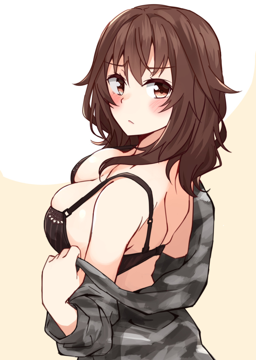 1girl absurdres bangs bare_shoulders beige_background black_bra blush bra breasts brown_eyes brown_hair cleavage closed_mouth collarbone commentary_request eyebrows_visible_through_hair grey_jacket hair_between_eyes high_school_fleet highres jacket kapatarou kuroki_hiromi large_breasts long_sleeves looking_at_viewer looking_back looking_to_the_side off_shoulder shoulder_blades simple_background solo underwear undressing upper_body