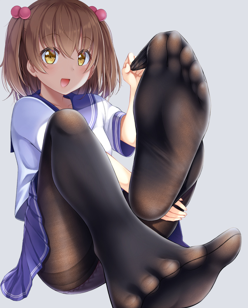 1girl :d arm_up ashida_machi bangs blue_sailor_collar blue_skirt blush brown_eyes brown_hair collarbone commentary_request eyebrows_visible_through_hair feet fine_fabric_emphasis fingernails foreshortening grey_background gurande_(g-size) gusset hair_between_eyes hair_bobbles hair_ornament highres leg_up looking_at_viewer no_shoes open_mouth original panties panties_under_pantyhose pantyhose pink_panties pleated_skirt sailor_collar school_uniform serafuku shirt short_sleeves simple_background sitting skirt smile soles solo thighband_pantyhose toes two_side_up underwear white_shirt
