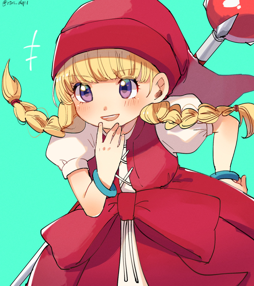 +++ 1girl :d aqua_background bangs blonde_hair blush bracelet braid dragon_quest dragon_quest_xi dress eyebrows_visible_through_hair eyes_visible_through_hair hand_on_own_chin hat highres jewelry long_hair open_mouth puffy_short_sleeves puffy_sleeves red_hat ririmon short_sleeves simple_background smile solo staff teeth twin_braids twitter_username veronica_(dq11) violet_eyes