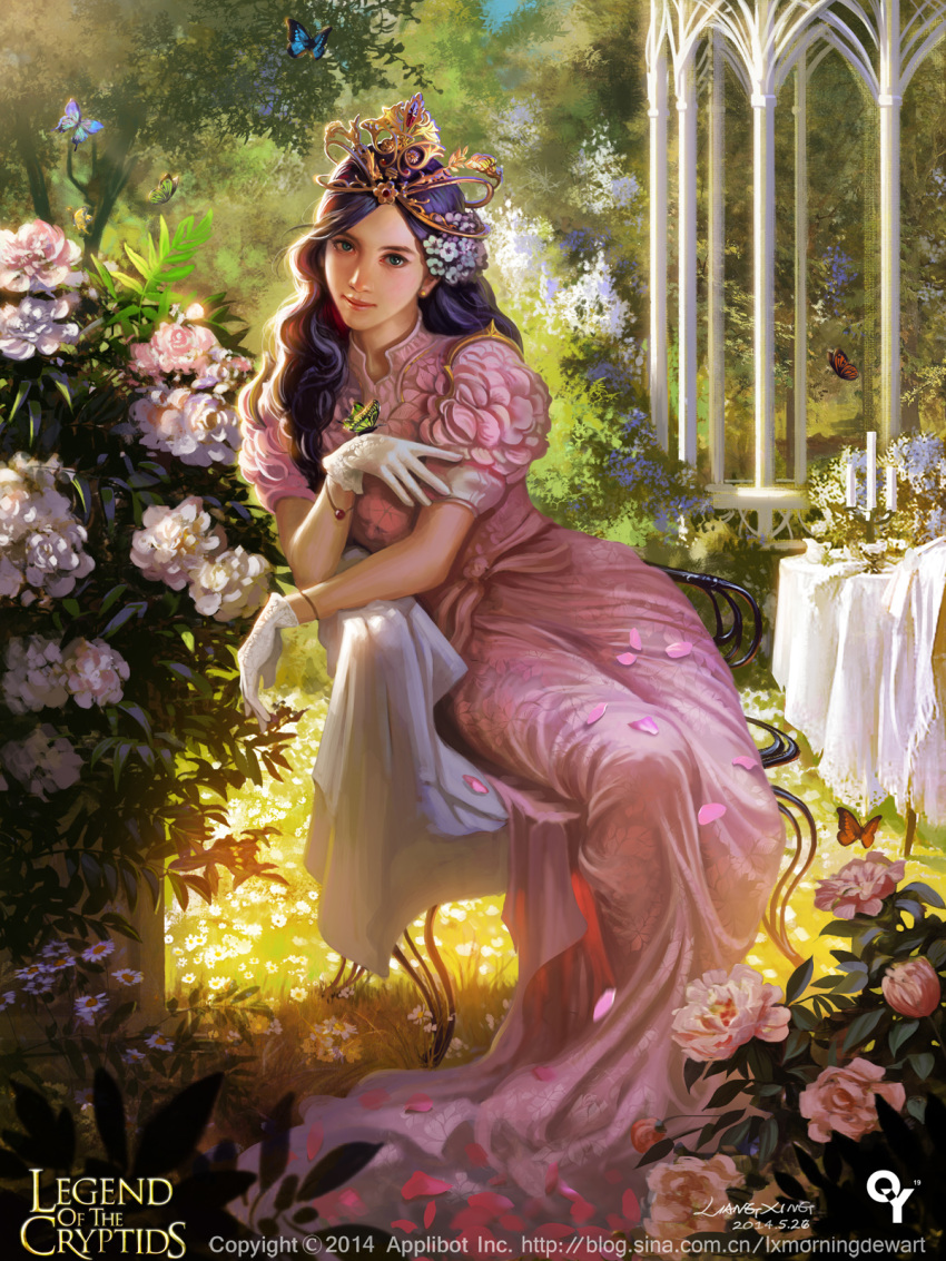 1girl artist_name bug butterfly chair copyright_name dress earrings flower garden gloves grass green_eyes hair_flower hair_ornament highres insect jewelry leaf legend_of_the_cryptids liang_xing long_hair official_art petals purple_hair sitting tiara watermark web_address