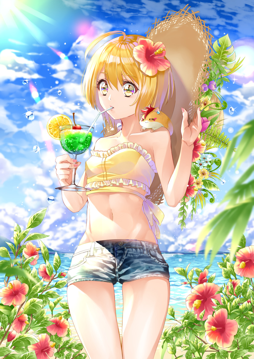 1girl absurdres ahoge bare_shoulders beach blonde_hair blue_shorts cherry clouds cowboy_shot cup denim drinking_glass drinking_straw flower food fruit hamster harryham_harry hat hat_removed headwear_removed hibiscus highres holding holding_drinking_glass holding_hat hugtto!_precure kagayaki_homare looking_at_viewer melon_soda navel orange orange_slice precure short_hair short_shorts shorts sky standing summer sun_hat thigh_gap water yellow_bikini_top yellow_eyes yuutarou_(fukiiincho)