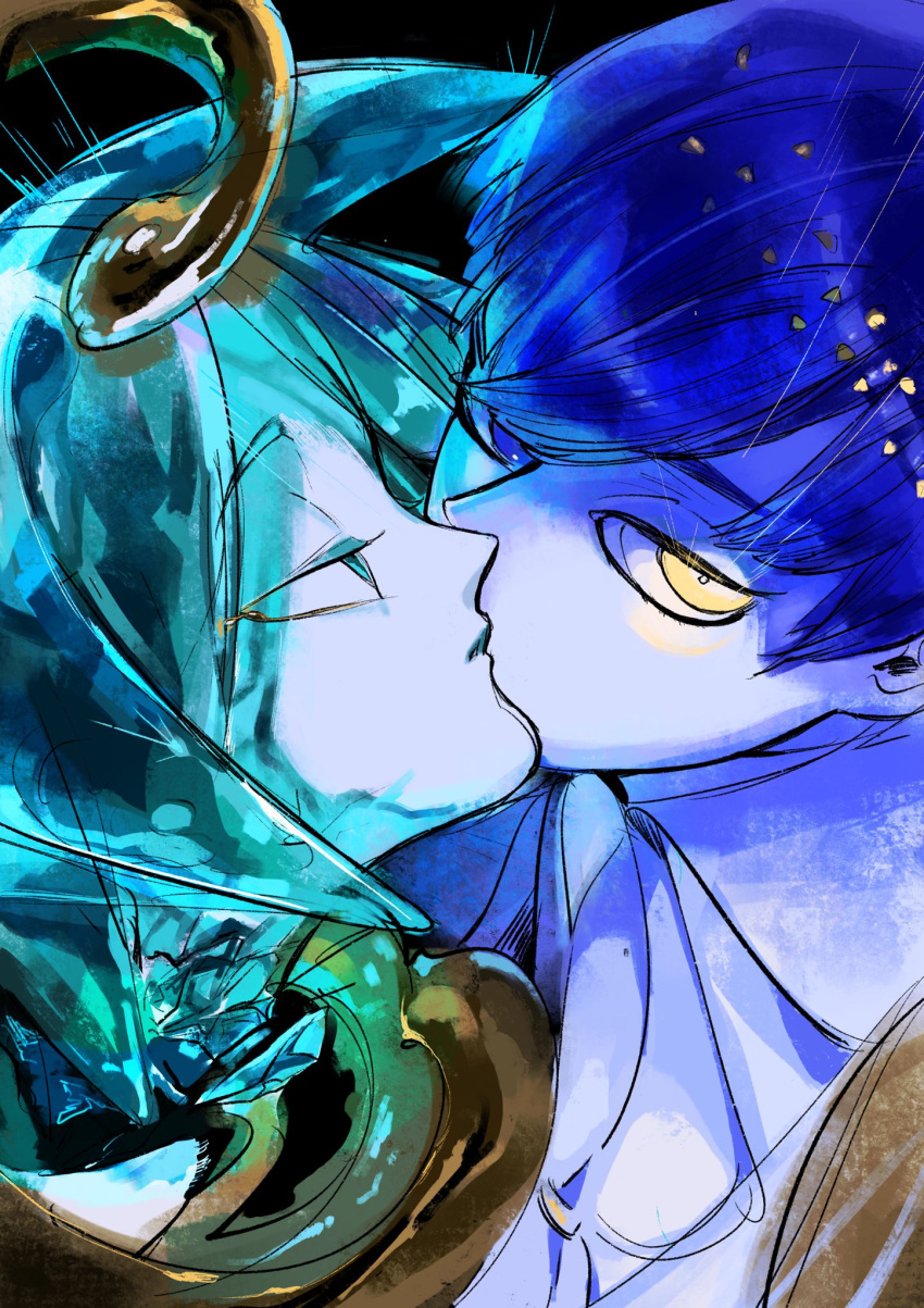 2others androgynous bangs blue_eyes blue_hair blunt_bangs colored_eyelashes crystal_hair dual_persona face-to-face glowing glowing_eye gold green_eyes green_hair heterochromia highres houseki_no_kuni looking_at_viewer marino_(oyasumi) multiple_others phosphophyllite phosphophyllite_(ll) short_hair spoilers tears yellow_eyes