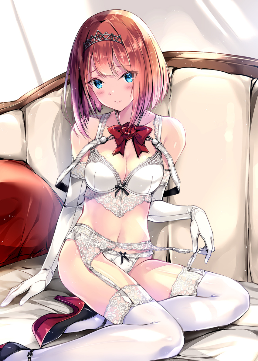1girl ark_royal_(kantai_collection) bangs bare_shoulders bed blue_eyes blush bob_cut bow bowtie bra breasts cleavage collarbone elbow_gloves eyebrows_visible_through_hair eyes_visible_through_hair flower garter_belt garter_straps gloves hairband high_heels highres indoors kantai_collection kobayashi_chisato light_particles lingerie looking_at_viewer medium_breasts navel on_bed panties red_bow red_flower red_rose redhead ribbon rose short_hair sidelocks sitting smile solo stomach thigh-highs tiara underwear underwear_only white_bra white_gloves white_legwear white_panties yokozuwari