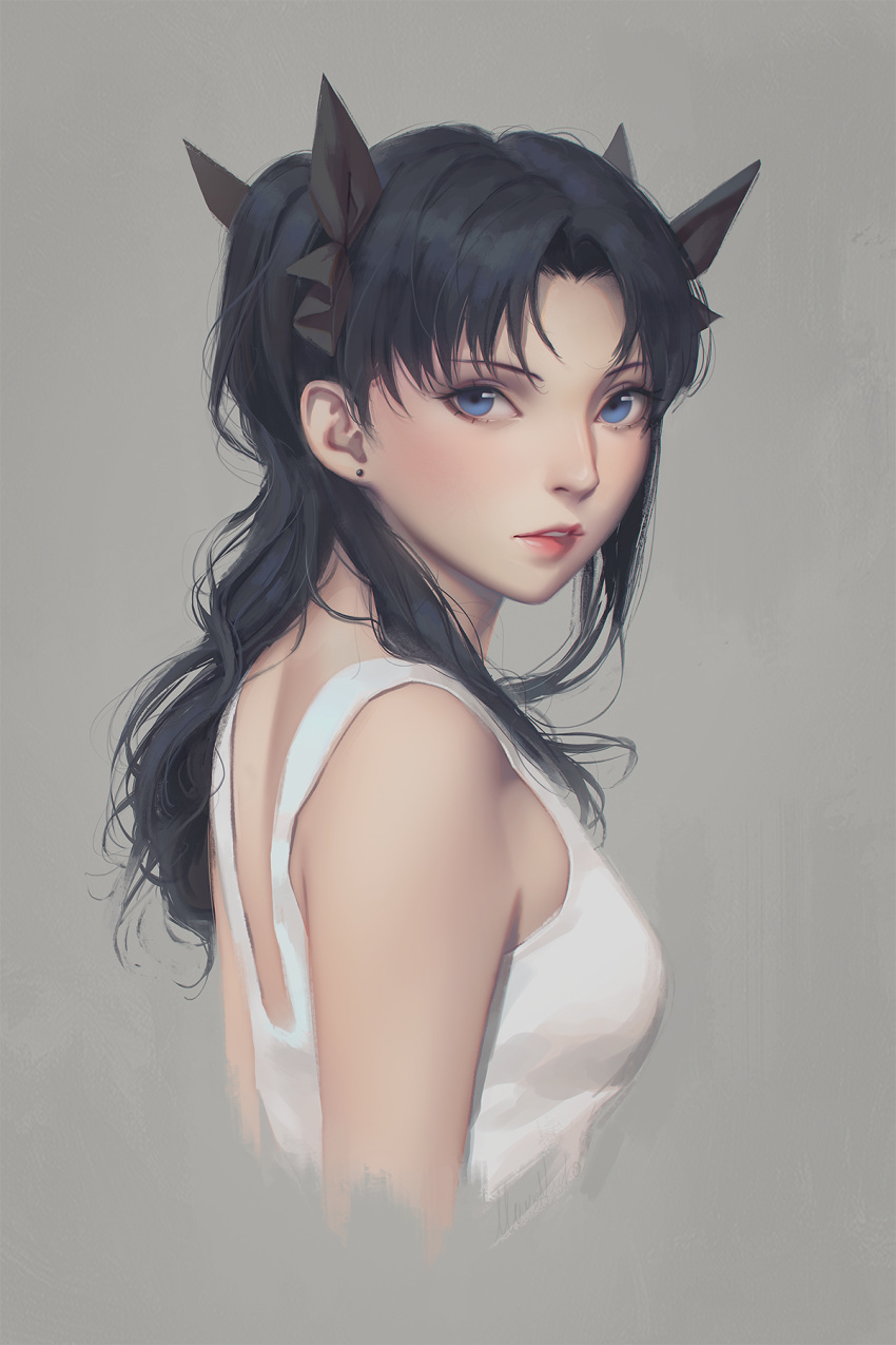 1girl black_hair blue_eyes brown_background dress earrings fate/stay_night fate_(series) hair_ribbon highres jewelry lips looking_at_viewer miura-n315 parted_lips profile realistic ribbon simple_background solo stud_earrings tohsaka_rin two_side_up white_dress