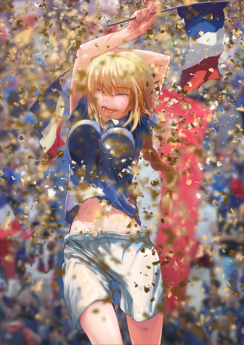 1girl absurdres arms_up bangs blonde_hair blurry blurry_background braid breasts closed_eyes confetti eyebrows_visible_through_hair fate_(series) flag french_flag happy highres holding holding_flag jeanne_d'arc_(fate) jeanne_d'arc_(fate)_(all) jumping large_breasts long_hair lovetigerfish midriff_peek open_mouth shorts single_braid smile teeth tongue white_shorts