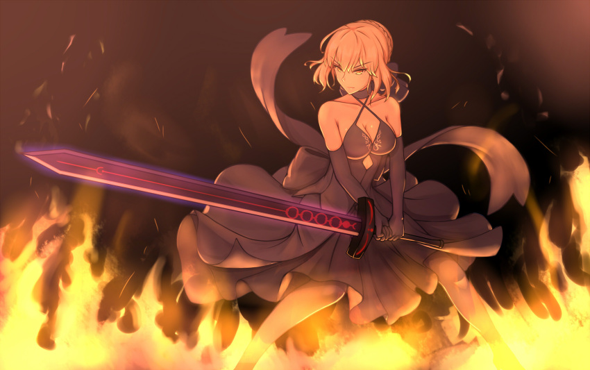 1girl artoria_pendragon_(all) bare_shoulders blonde_hair braid breasts cleavage dark_excalibur dylannn elbow_gloves eyebrows_visible_through_hair fate/grand_order fate_(series) fire french_braid gloves hair_between_eyes highres medium_breasts saber saber_alter solo yellow_eyes