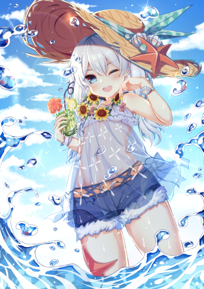1girl ;d absurdres bangs bare_shoulders belt_buckle benghuai_xueyuan bikini_top blue_eyes blue_shorts blue_sky blurry blurry_foreground blush brown_belt buckle clouds cloudy_sky commentary_request crazy_straw cup day depth_of_field dress drink drinking_glass drinking_straw eyebrows_visible_through_hair flower fur-trimmed_shorts fur_trim green_ribbon hair_between_eyes hands_up hat hat_ribbon highres holding holding_drinking_glass honkai_impact ice ice_cube long_hair looking_at_viewer one_eye_closed open_mouth outdoors plaid plaid_ribbon qunqing red_flower ribbon round_teeth school_uniform short_shorts shorts silver_hair sky sleeveless sleeveless_dress smile solo starfish straw_hat teeth theresa_apocalypse upper_teeth wading water water_drop wet white_bikini_top