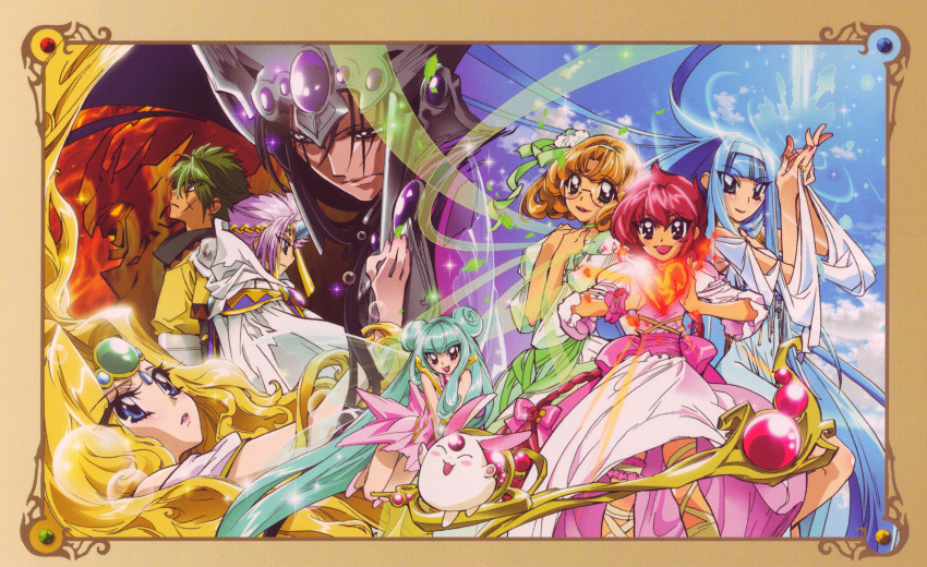 3boys 5girls 90s absurdres aqua_hair blonde_hair blue_dress blue_eyes blue_hair border clamp creature double_bun dress fairy_wings fire green_dress green_eyes green_hair highres hououji_fuu ishida_atsuko long_hair looking_at_another looking_at_viewer looking_up magic magic_knight_rayearth multiple_boys multiple_girls official_art open_mouth orange_hair parted_lips pink_dress profile red_eyes redhead ryuuzaki_umi scan shidou_hikaru short_hair sky sleeves_past_wrists smile sparkle tiara very_long_hair water wind wings