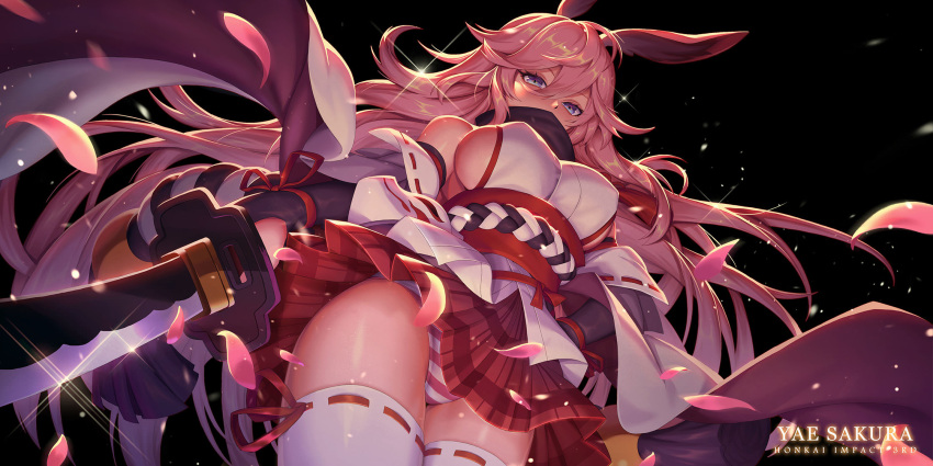 1girl animal_ears bangs benghuai_xueyuan black_background black_scarf breasts bridal_gauntlets character_request covered_mouth covered_nipples glint hair_between_eyes hand_on_hip highres holding holding_sword holding_weapon honkai_impact katana large_breasts leaf98k loki_(marvel) long_hair looking_at_viewer obi panties pink_hair pleated_skirt red_ribbon red_skirt ribbon sash scarf skirt solo standing striped striped_panties sword thigh-highs underwear very_long_hair violet_eyes weapon white_legwear yae_sakura_(benghuai_xueyuan)