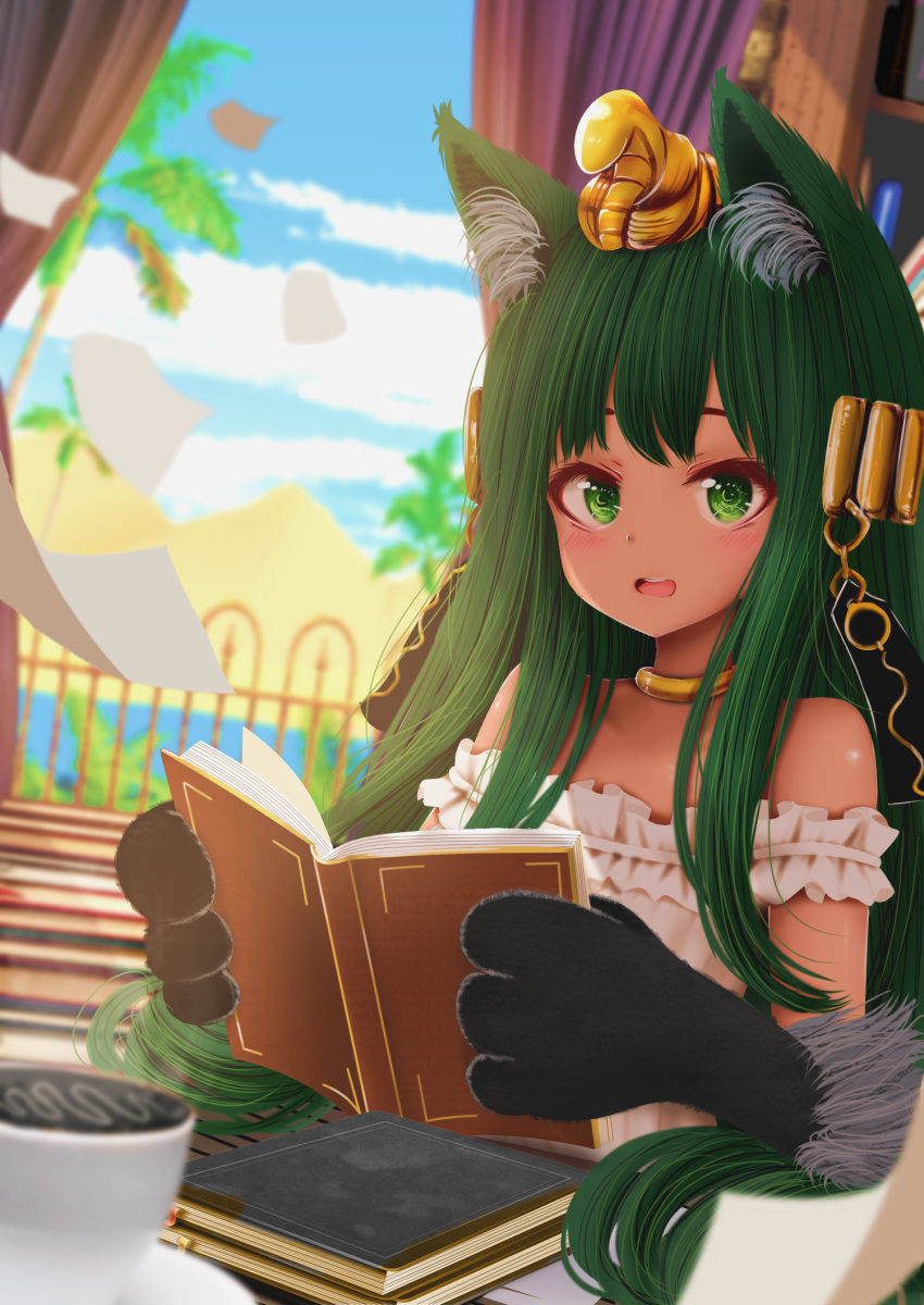 1girl animal_ears anubis_(monster_girl_encyclopedia) bare_shoulders blue_sky blurry blurry_background blurry_foreground blush book clouds collar commission curtains depth_of_field dress embarrassed green_eyes green_hair hair_ornament highres holding holding_book indoors kirimatsu looking_at_viewer monster_girl monster_girl_encyclopedia parted_lips paws sky snake_hair_ornament solo white_dress window wolf_ears