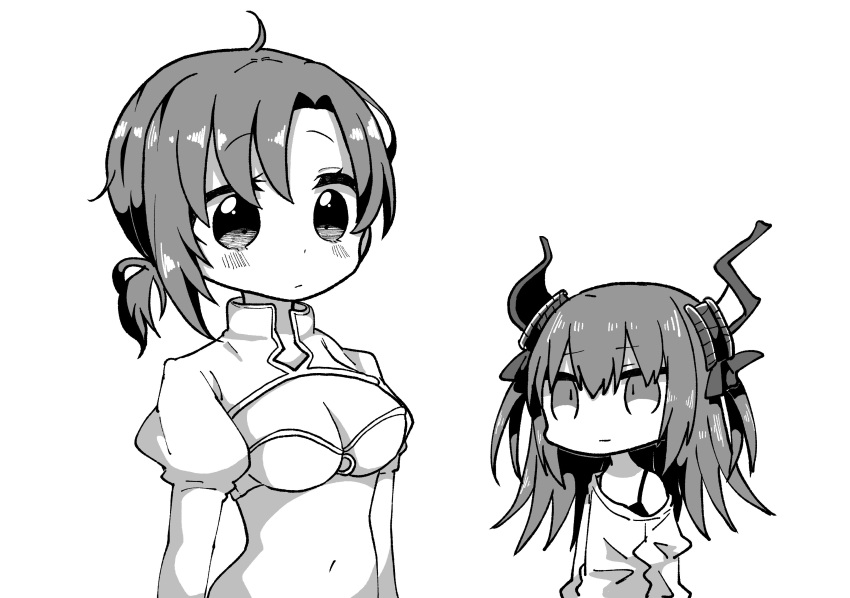 2girls absurdres ahoge asymmetrical_horns bangs bare_shoulders boudica_(fate/grand_order) breasts chibi cleavage closed_mouth commentary_request curled_horns dragon_horns elizabeth_bathory_(fate) elizabeth_bathory_(fate)_(all) eyebrows_visible_through_hair fate/extra fate/extra_ccc fate/grand_order fate_(series) greyscale hair_between_eyes highres horns jako_(jakoo21) juliet_sleeves long_hair long_sleeves low_ponytail medium_breasts monochrome multiple_girls navel off_shoulder ponytail puffy_sleeves shirt short_hair short_ponytail shrug_(clothing) simple_background very_long_hair white_background