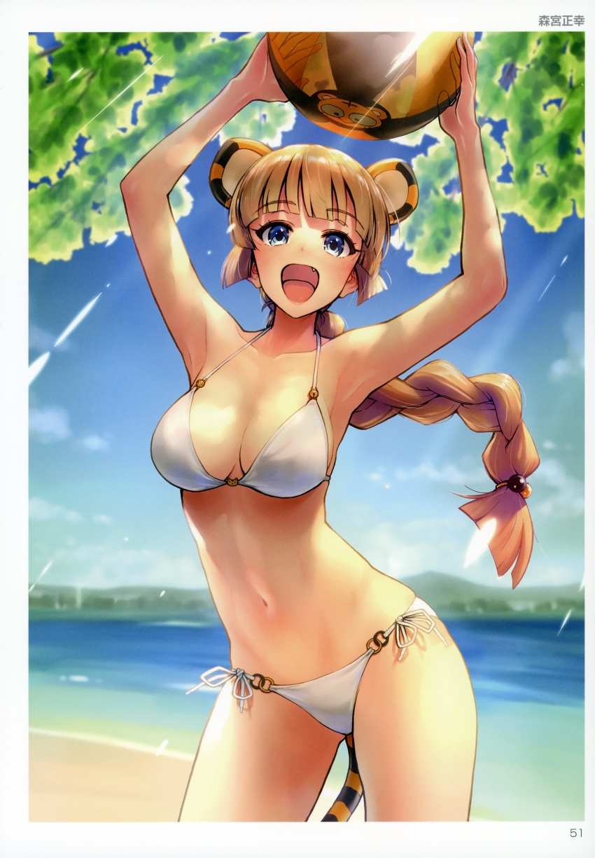 1girl absurdres animal_ears arms_up artist_name ball bangs beach beachball bikini blonde_hair blue_eyes blue_sky braid breasts cleavage clouds cloudy_sky day eyebrows_visible_through_hair fang hair_bobbles hair_ornament highres holding long_hair medium_breasts morimiya_masayuki navel open_mouth outdoors page_number scan see-through side-tie_bikini single_braid sky smile solo sunlight swimsuit tail tied_hair tiger_ears tiger_tail toranoana tree_branch water white_bikini