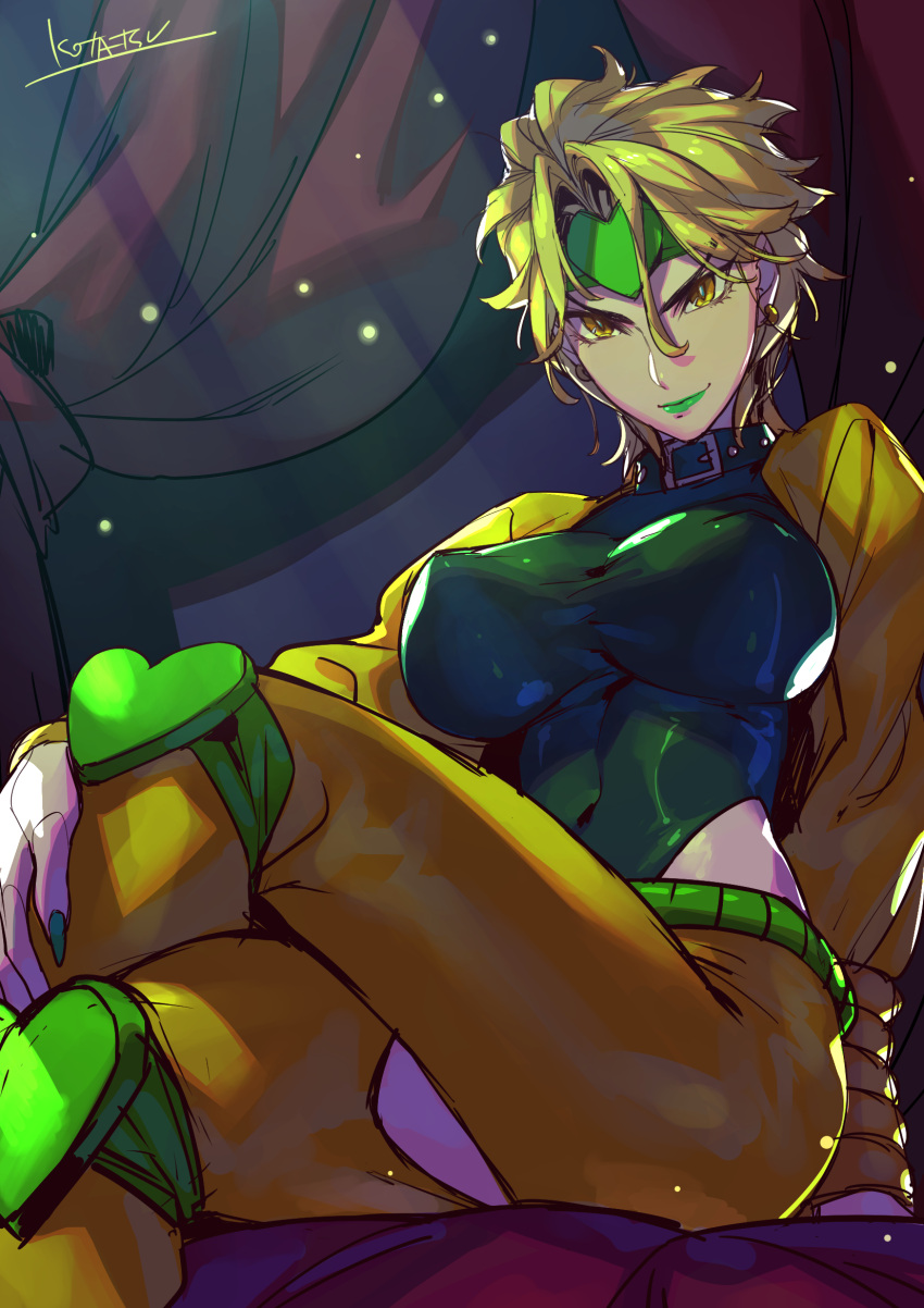 1girl blonde_hair breasts bright_pupils closed_mouth commentary_request covered_navel curtains dio_brando earrings erect_nipples fingernails genderswap genderswap_(mtf) green_lipstick green_nails green_shirt headband heart highres jacket jewelry jojo_no_kimyou_na_bouken kotatsu_(g-rough) large_breasts legs_crossed light_particles light_rays lipstick long_fingernails looking_at_viewer makeup nail_polish pants shirt short_hair signature slit_pupils smile solo stardust_crusaders yellow_eyes yellow_jacket yellow_pants